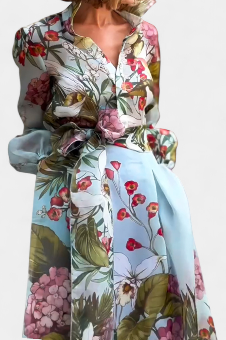 Sanne Ensemble à Imprimé Botanique avec Chemise Ceinturée et Pantalon Palazzo