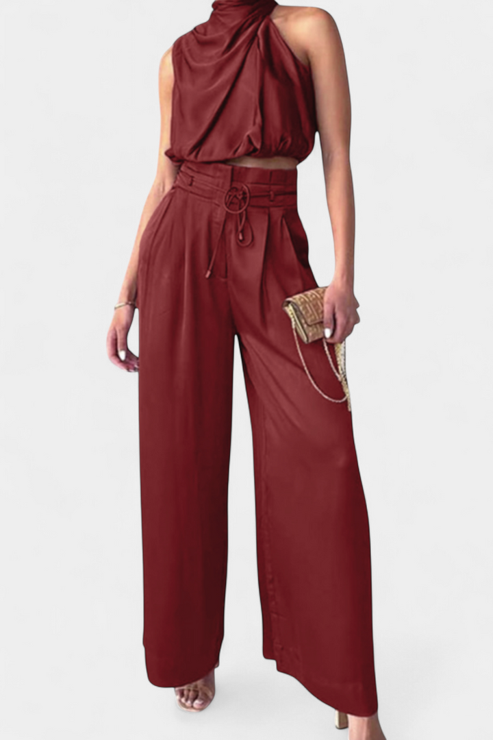 Helira Ensemble Minimaliste à Top Structuré et Pantalon Palazzo Plissé