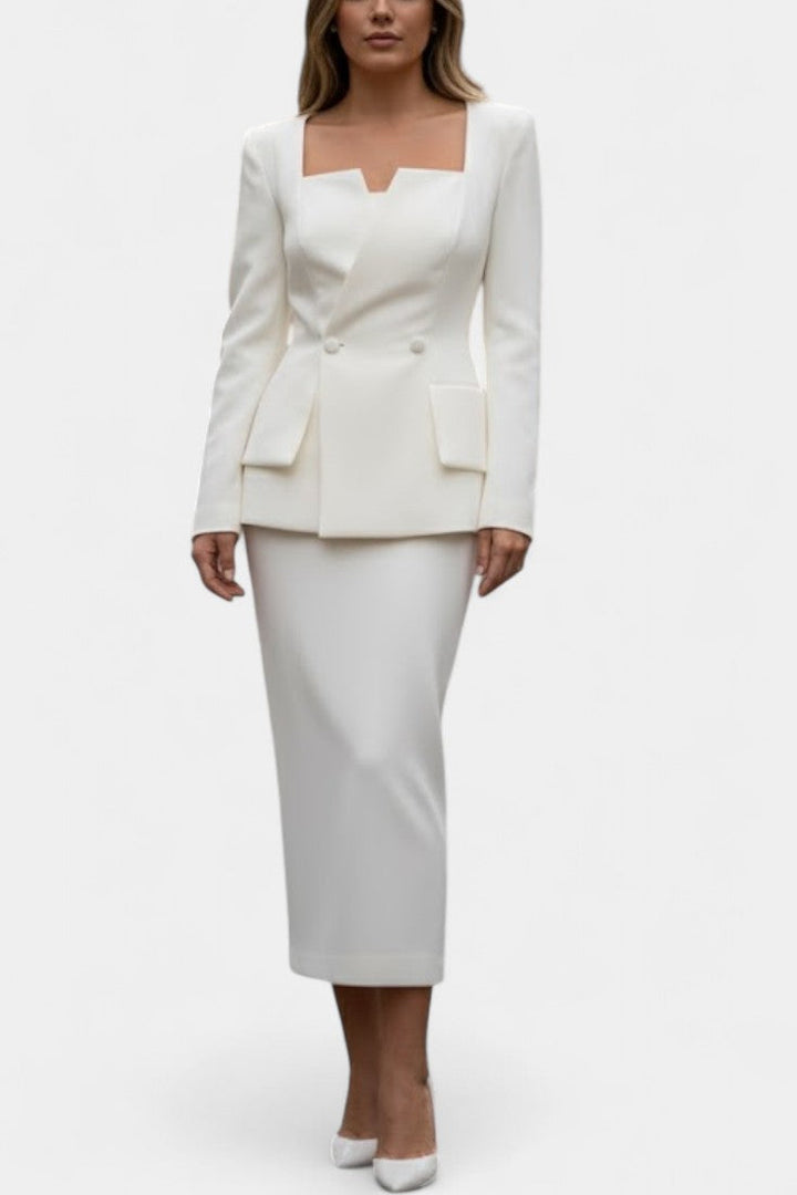 Édiline Ensemble Blazer à Col Carré et Jupe Longue