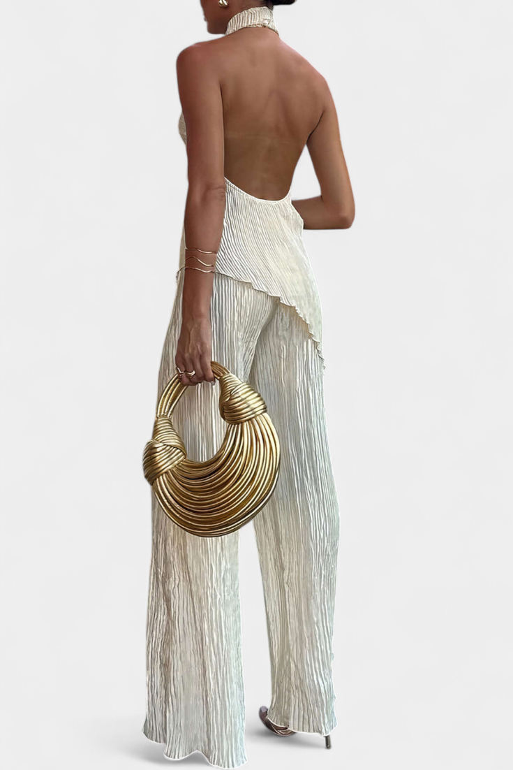 Pilarica Ensemble Top Halter Asymétrique et Pantalon à Jambes Larges