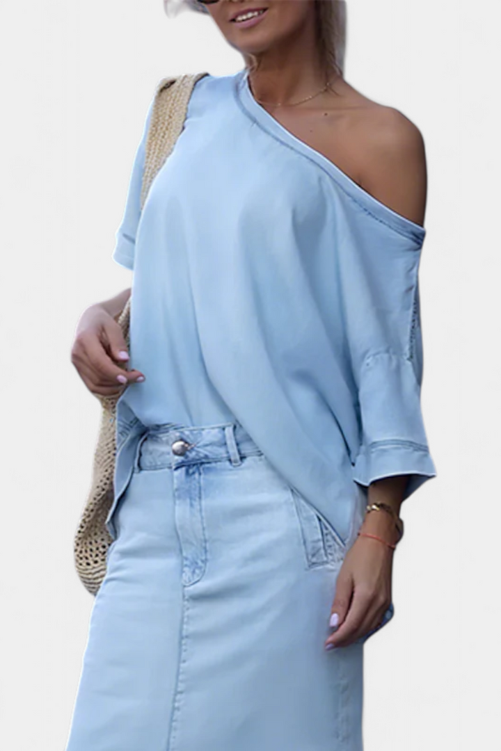 Apolonia Ensemble Asymétrique en Denim Structuré et Jupe Longue