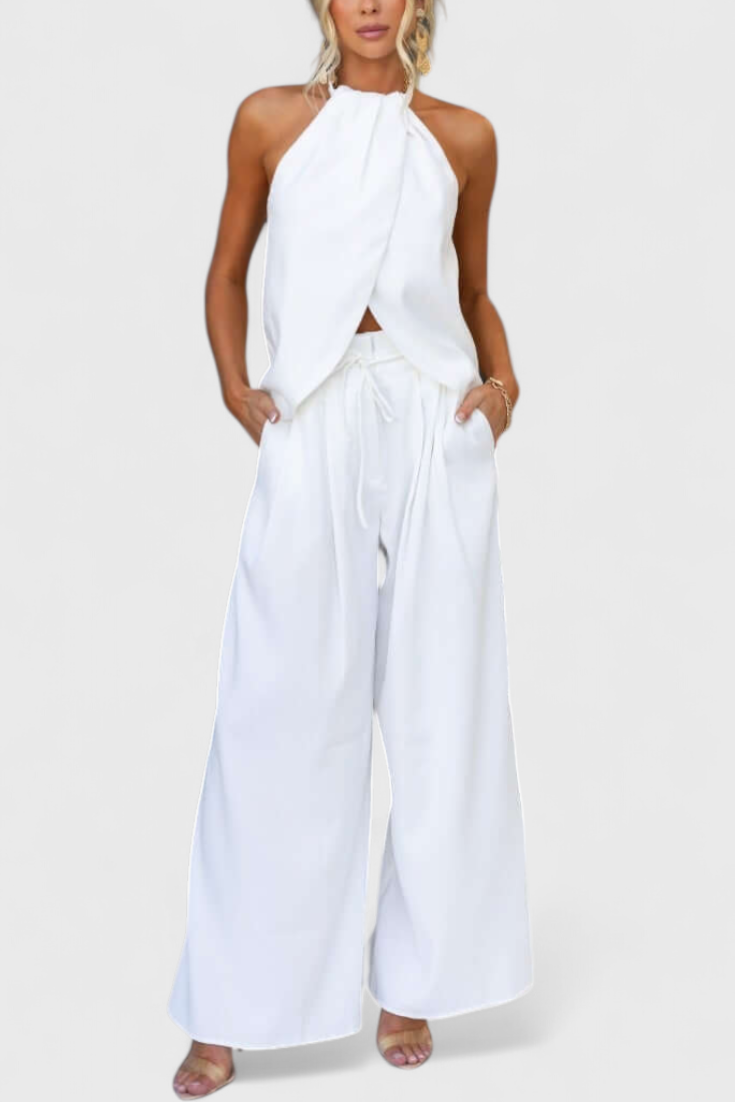 Ensemble en Lin Bernadina avec Top à Décolleté Avant et Pantalon à Jambes Amples