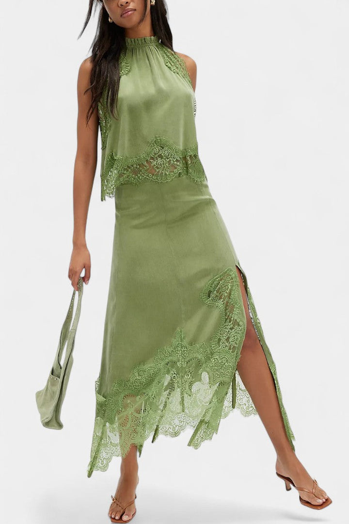 Coralena Ensemble Jupe Midi en Dentelle et Top Coordonné