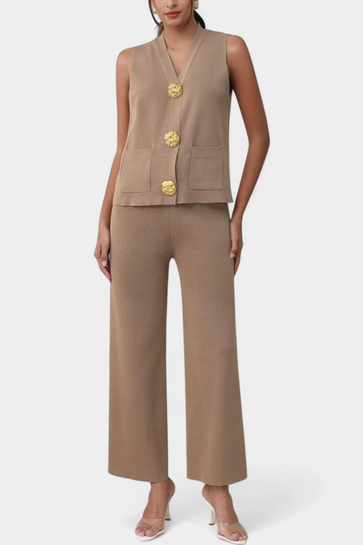 Jacey Ensemble Gilet en Tricot et Pantalon à Jambes Larges