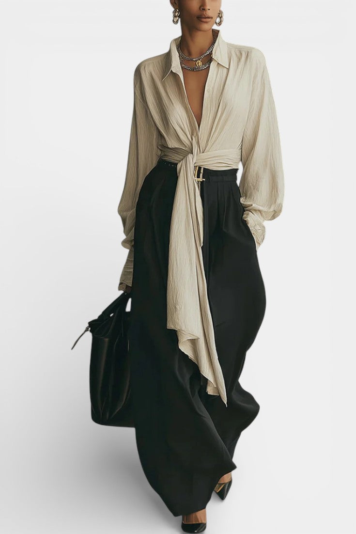 Sallie Ensemble Chemise Beige à Lacets et Pantalon Noir