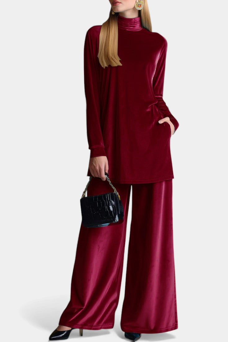 Tifenn Ensemble Haut et Pantalon Fendu en Velours à Col Montant