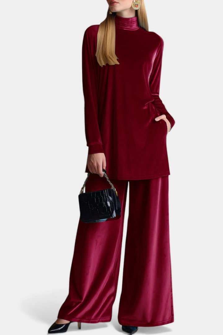 Tifenn Ensemble Haut et Pantalon Fendu en Velours à Col Montant
