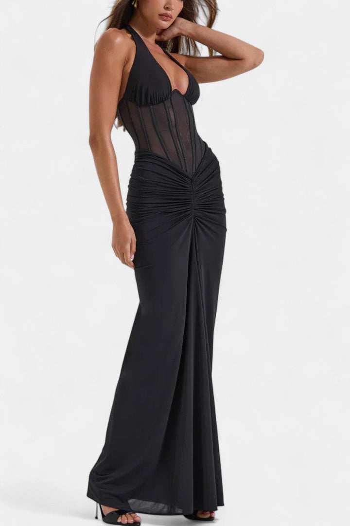 Angelina Ensemble Corset Halter en Maille et Jupe Maxi Froncée