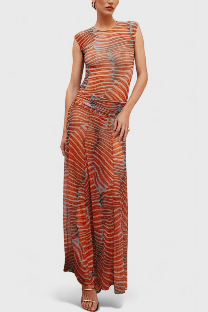 Silvina Ensemble en Maille à Imprimé Vagues Psychédéliques et Jupe Midi Fluide
