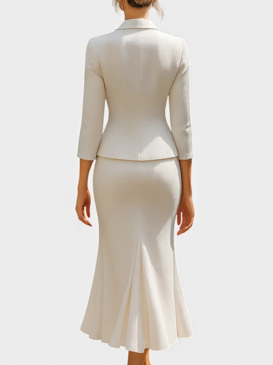 Natalina Ensemble Tailleur Écru Élégant à Jupe Longue Croisée