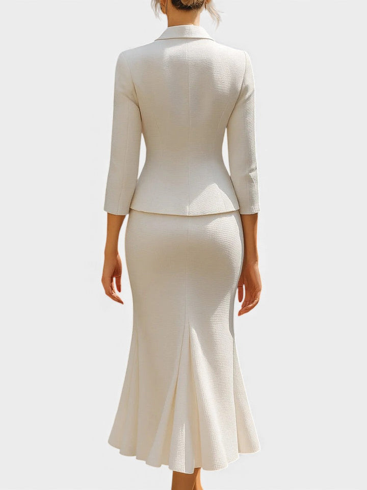 Natalina Ensemble Tailleur Écru Élégant à Jupe Longue Croisée