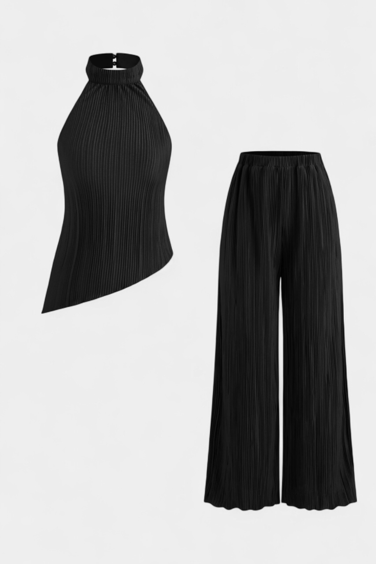 Pilarica Ensemble Top Halter Asymétrique et Pantalon à Jambes Larges