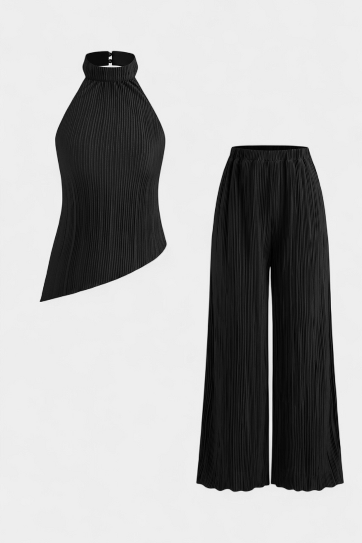 Pilarica Ensemble Top Halter Asymétrique et Pantalon à Jambes Larges