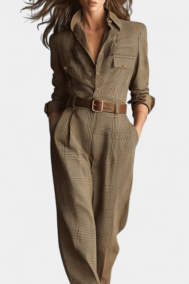 Cali Combinaison en Tweed à Carreaux Marron et Taille Ceinturée