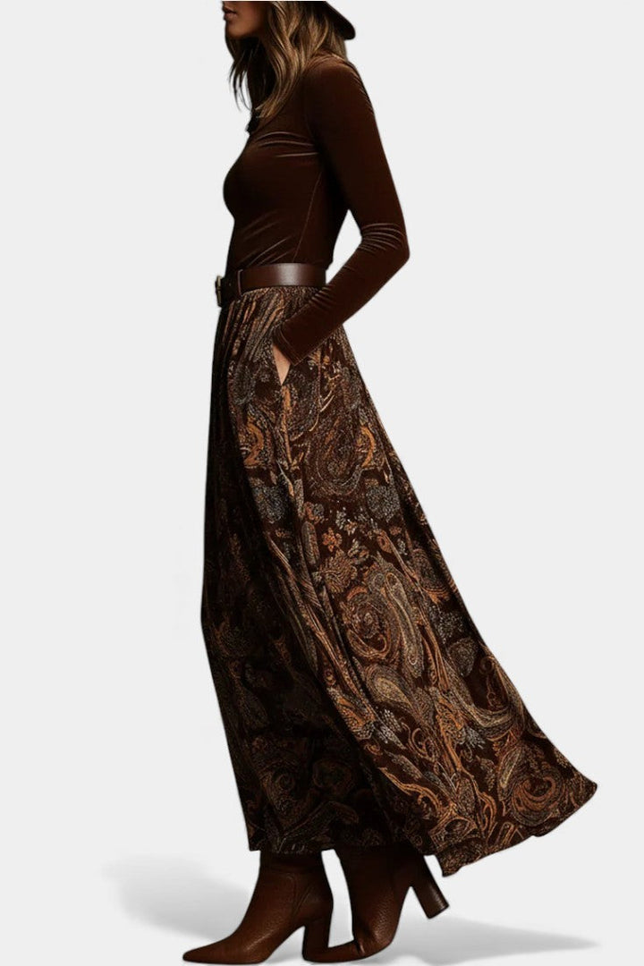 Liliya Ensemble Vintage en Velours Élastique & Jupe Maxi Imprimée Paisley