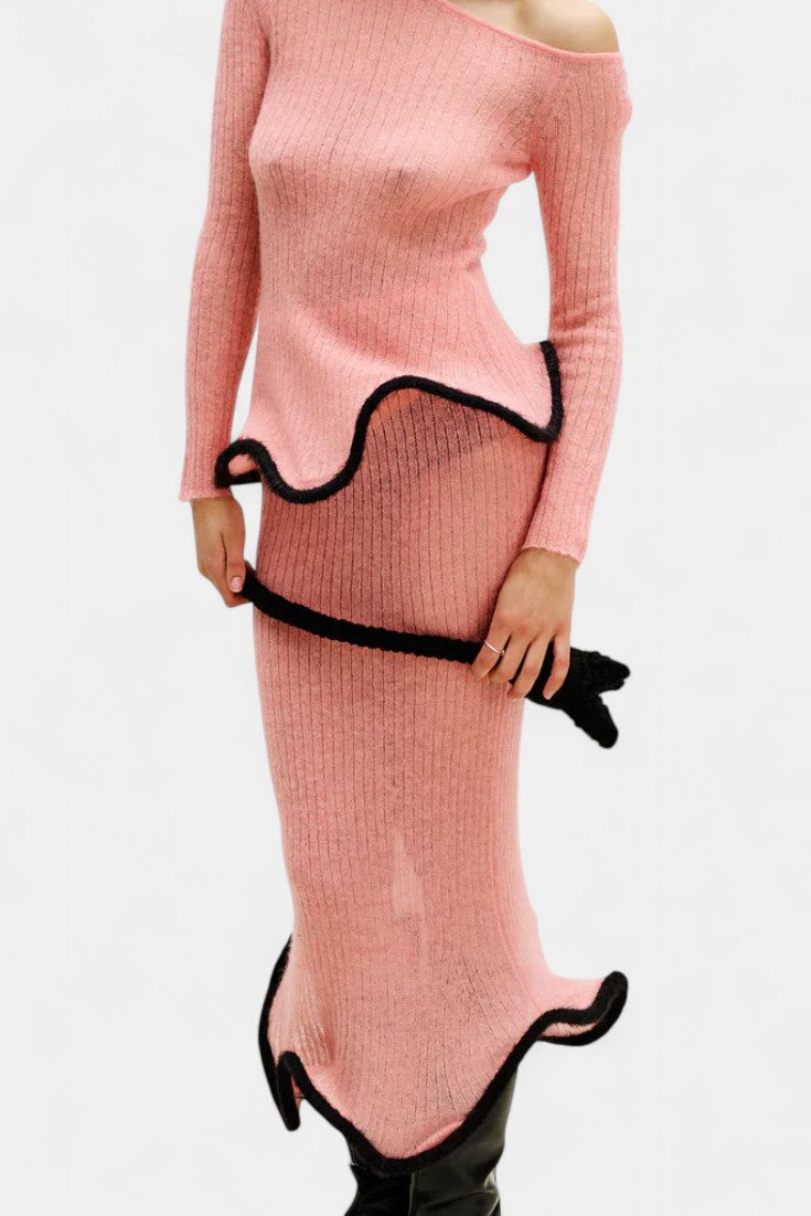 Stormi Ensemble Asymétrique en Tricot à Bords Volants et Jupe Midi Miroitée