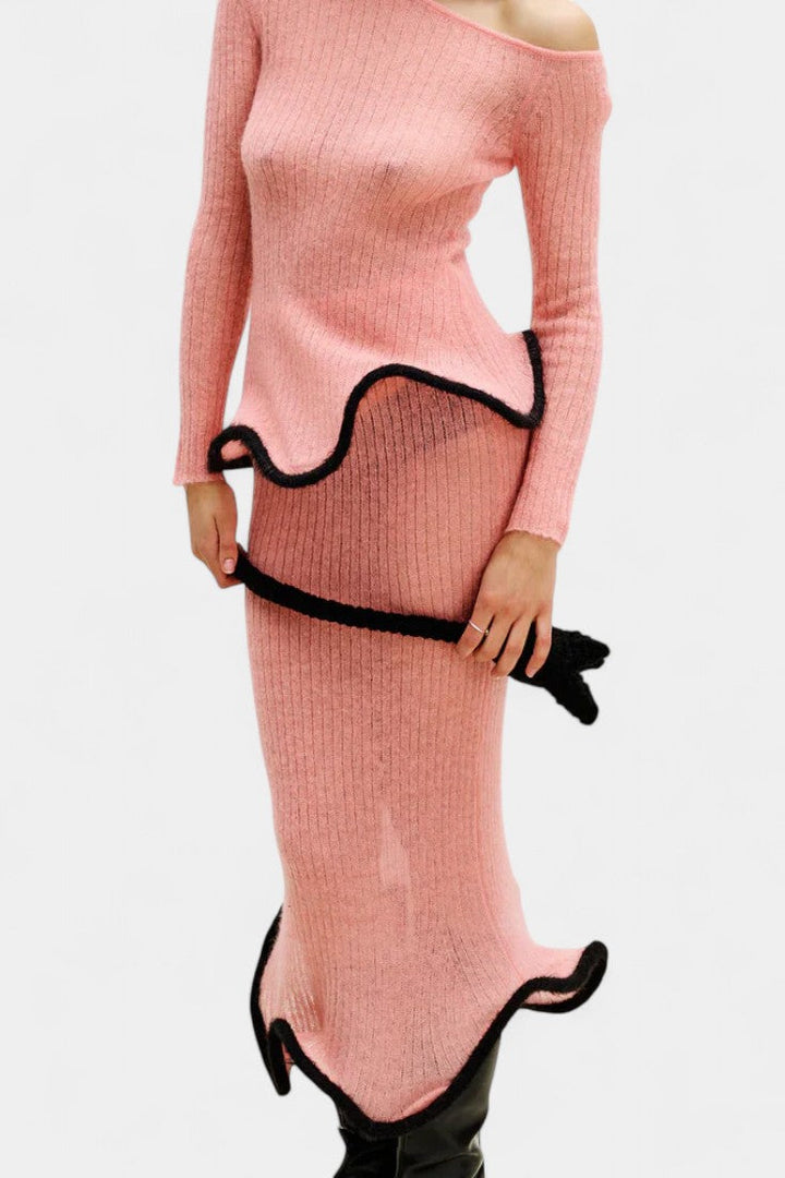 Stormi Ensemble Asymétrique en Tricot à Bords Volants et Jupe Midi Miroitée