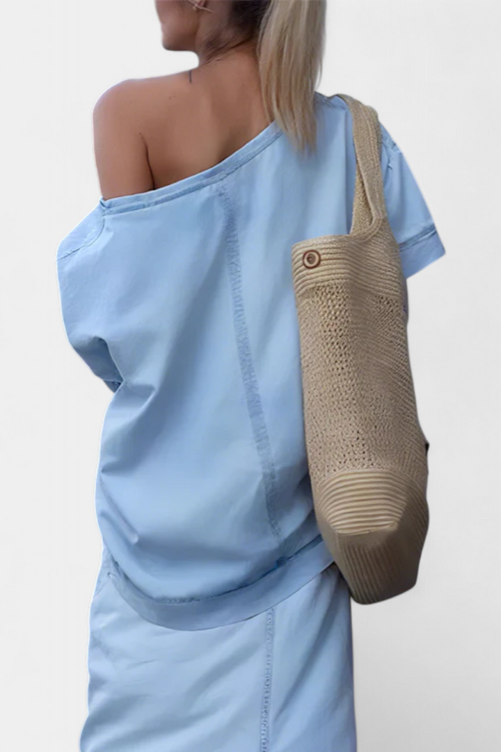 Apolonia Ensemble Asymétrique en Denim Structuré et Jupe Longue