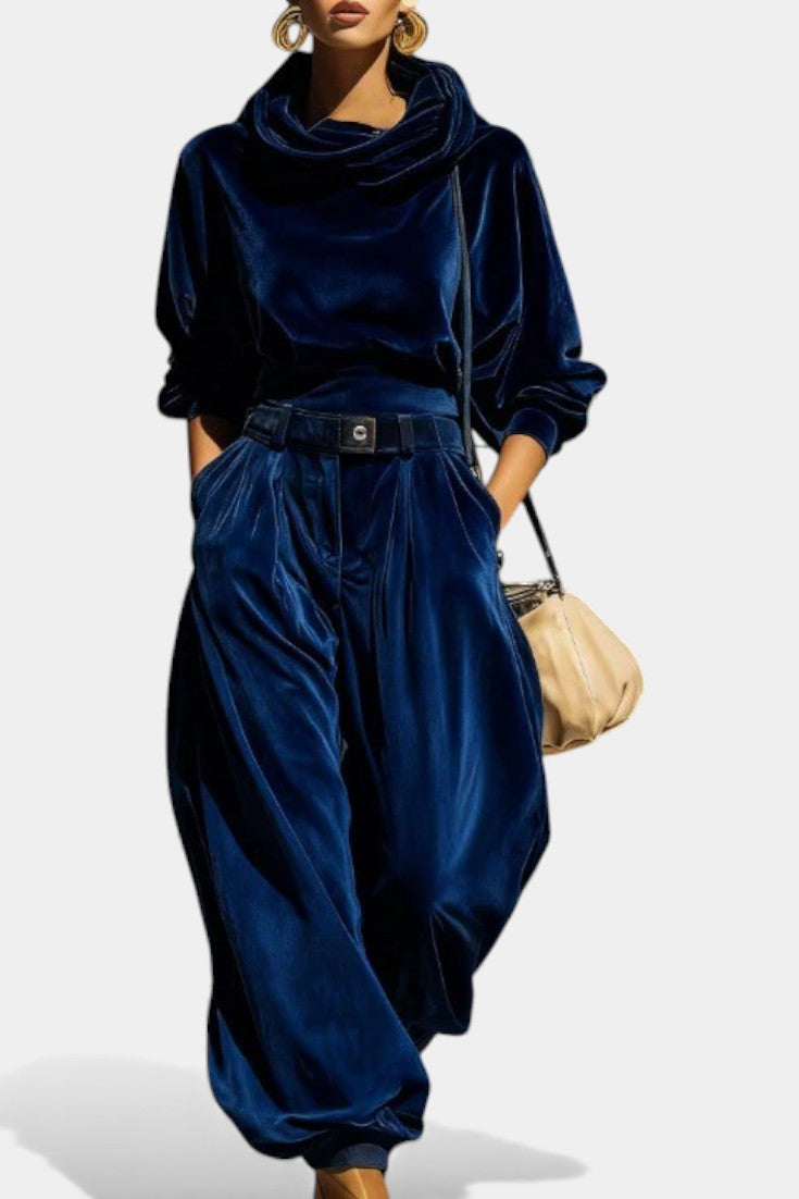 Riana Ensemble à Capuche et Pantalon Ample en Velours Brun Vintage