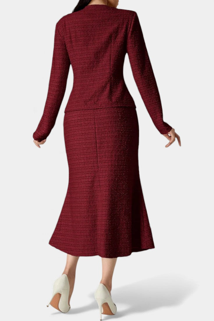 Véronique Ensemble Deux Pièces en Tweed – Blouse Col Rond et Jupe Midi Sirène