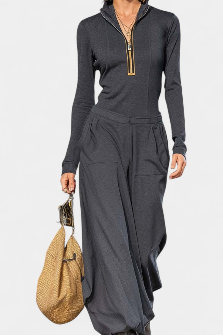 Azélina Ensemble Gris Foncé à Col Montant et Pantalons Amples