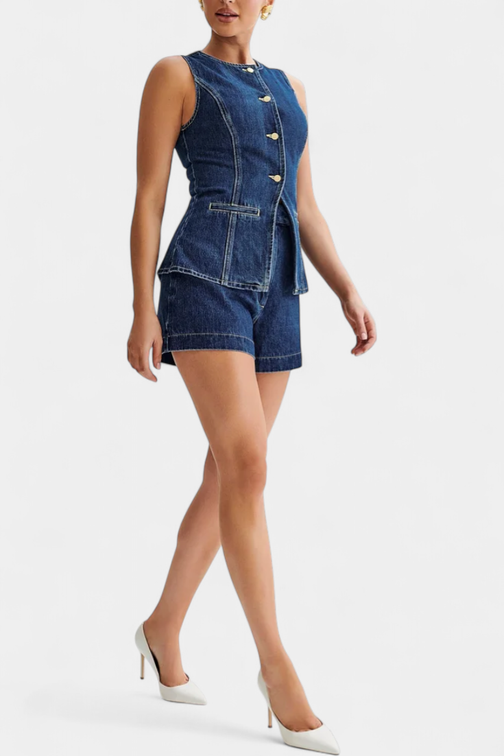 Raya Ensemble en Denim avec Gilet Sans Manches et Shorts Taille Haute
