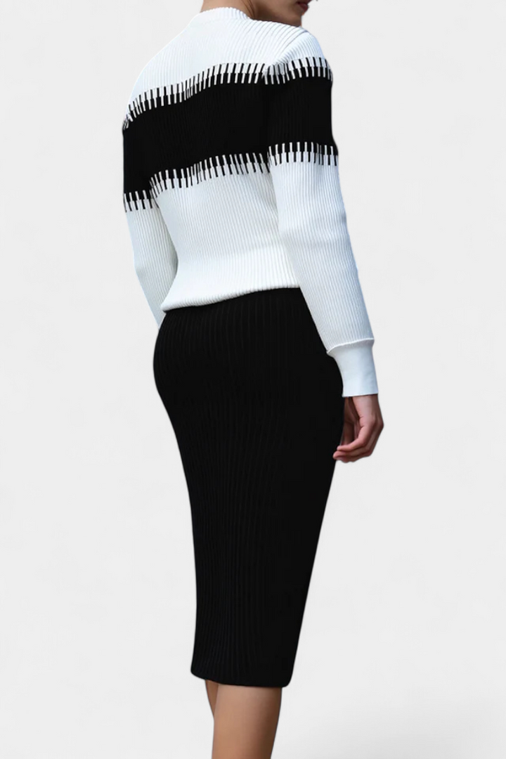 Sidonie Ensemble Robe Pull Midi Bicolore à Manches Longues