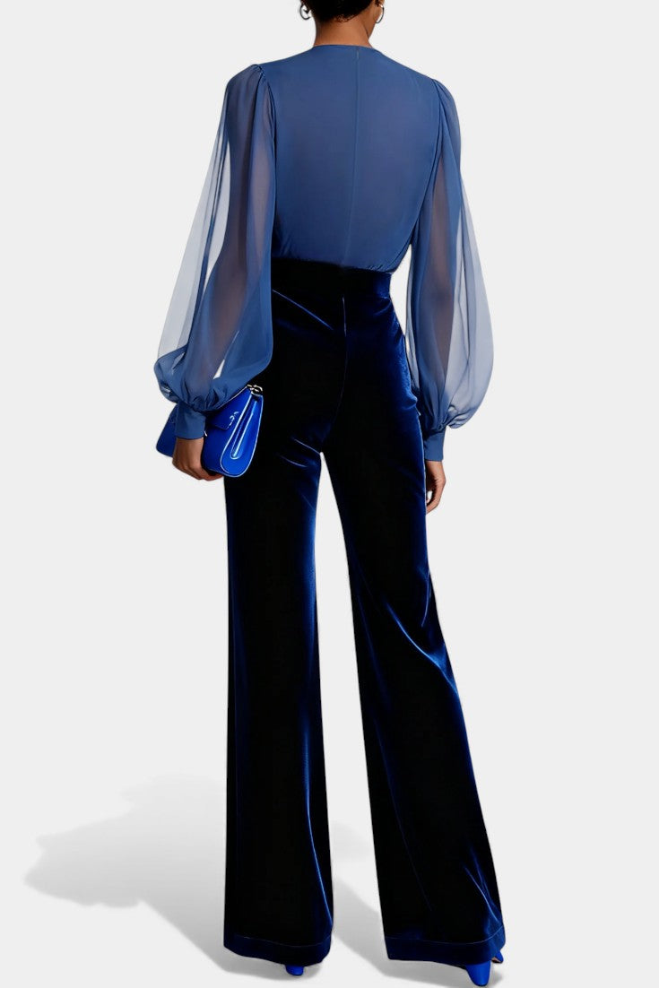 Mikaella Combinaison en Velours Bleu à Col V et Manches Longues