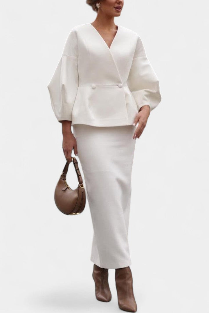 Aliénor Ensemble Tailleur Élégant à Col V et Manches Bouffantes