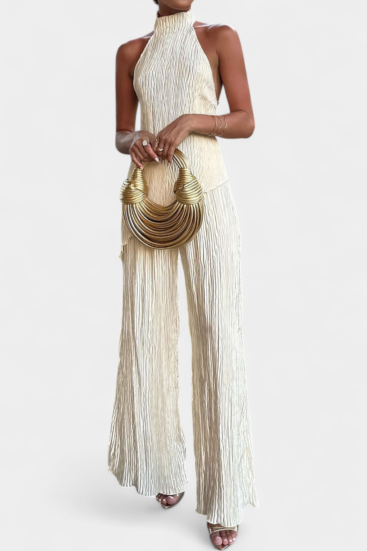 Pilarica Ensemble Top Halter Asymétrique et Pantalon à Jambes Larges