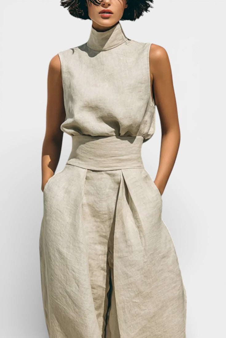 Darlene Ensemble Blouse Sans Manches et Pantalon Large en Mélange de Bambou