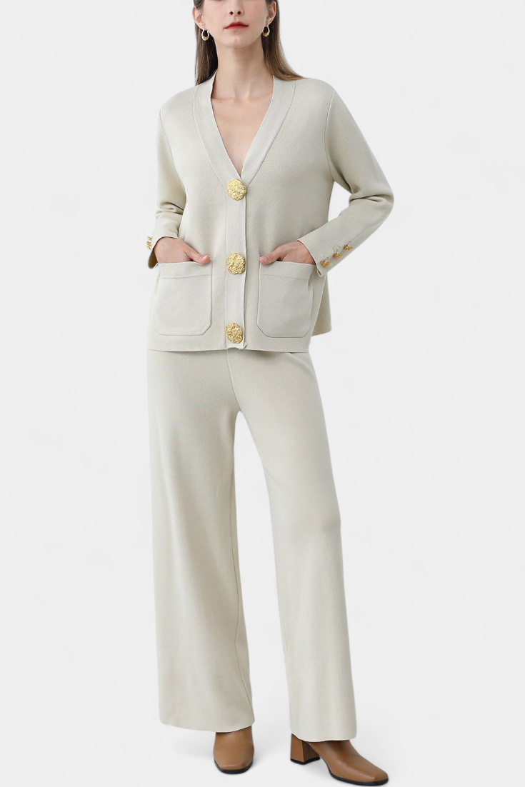 Aireen Ensemble Cardigan Classique et Pantalon à Jambes Larges