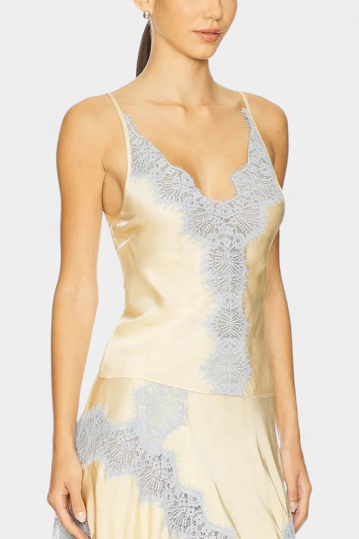 Mirren Ensemble Satiné à Dentelle Contrastante et Jupe Midi Fluide