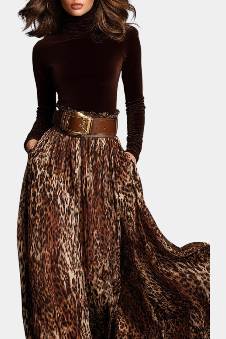 Tessaline Ensemble Col Roulé en Velours & Jupe Léopard Élégante