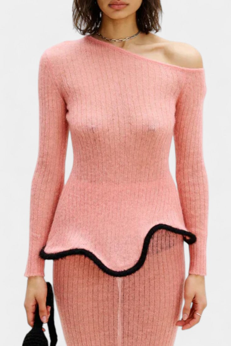 Stormi Ensemble Asymétrique en Tricot à Bords Volants et Jupe Midi Miroitée