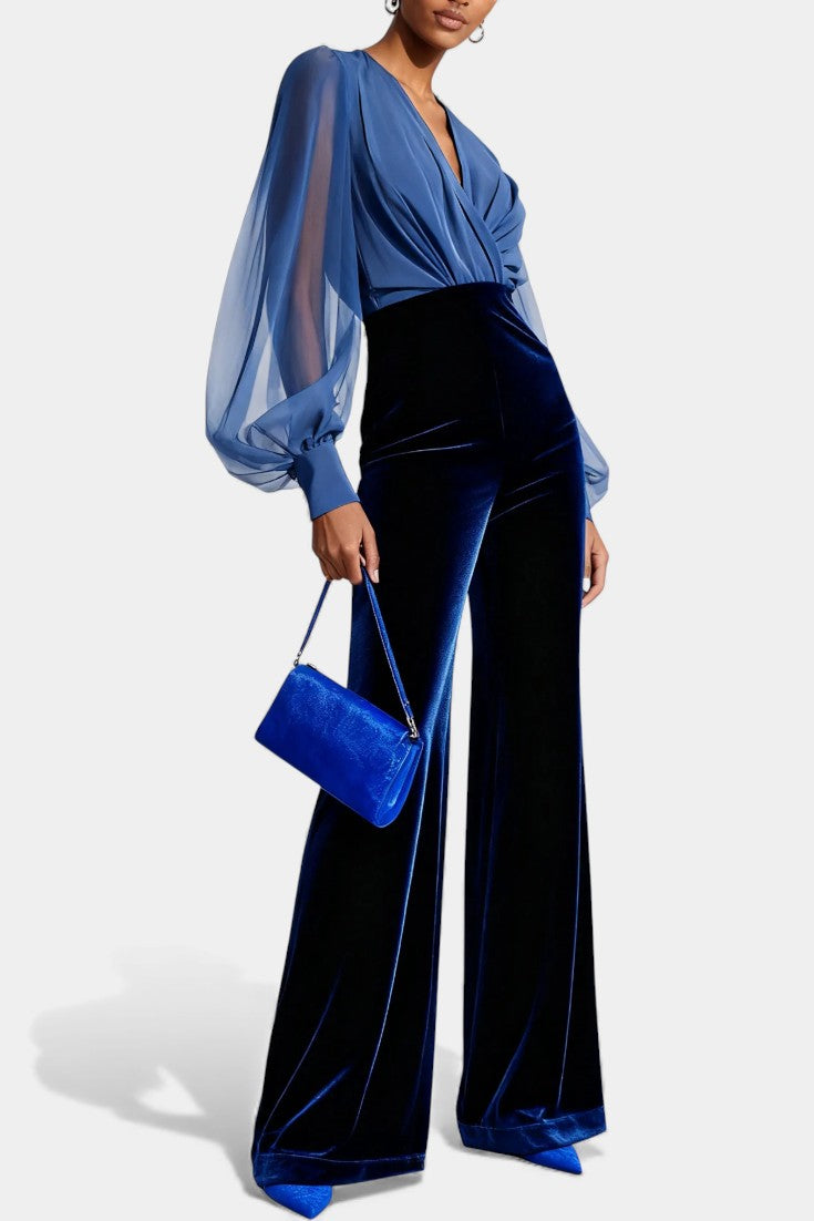 Mikaella Combinaison en Velours Bleu à Col V et Manches Longues