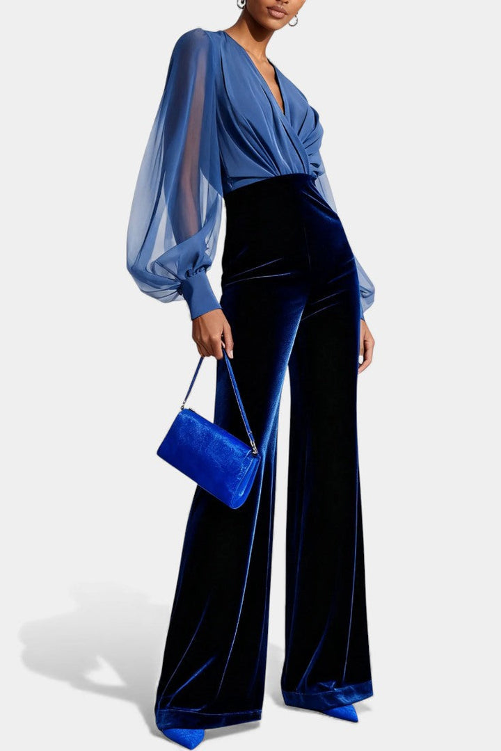 Mikaella Combinaison en Velours Bleu à Col V et Manches Longues