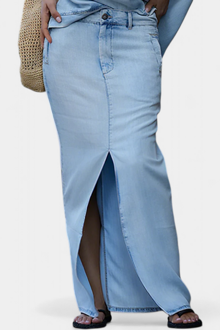 Apolonia Ensemble Asymétrique en Denim Structuré et Jupe Longue