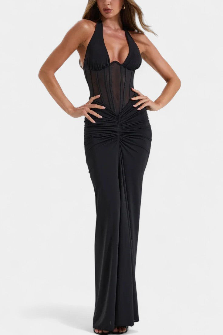 Angelina Ensemble Corset Halter en Maille et Jupe Maxi Froncée