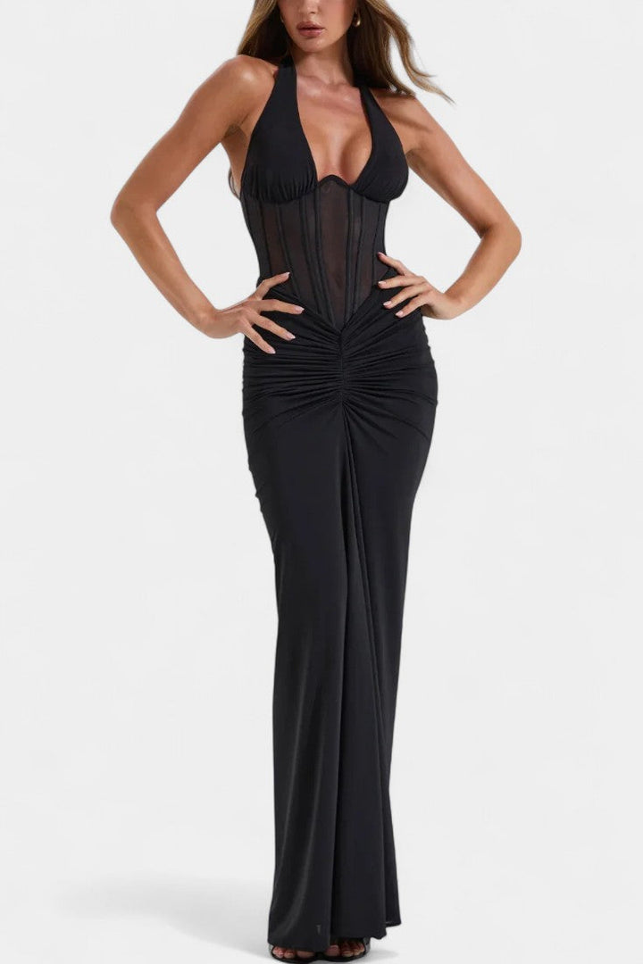 Angelina Ensemble Corset Halter en Maille et Jupe Maxi Froncée
