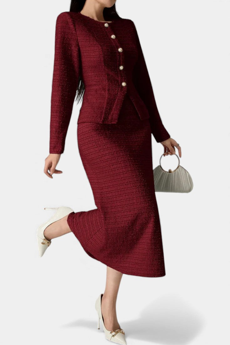 Véronique Ensemble Deux Pièces en Tweed – Blouse Col Rond et Jupe Midi Sirène