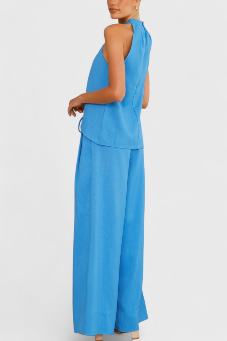 Ensemble en Lin Bernadina avec Top à Décolleté Avant et Pantalon à Jambes Amples
