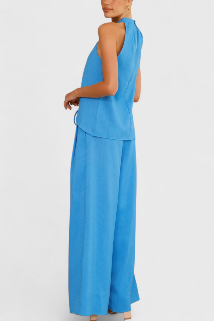 Ensemble en Lin Bernadina avec Top à Décolleté Avant et Pantalon à Jambes Amples
