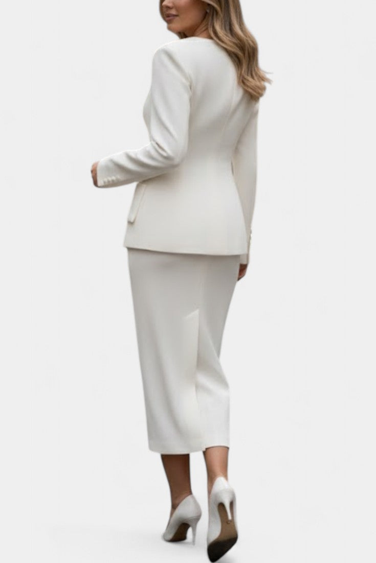 Édiline Ensemble Blazer à Col Carré et Jupe Longue