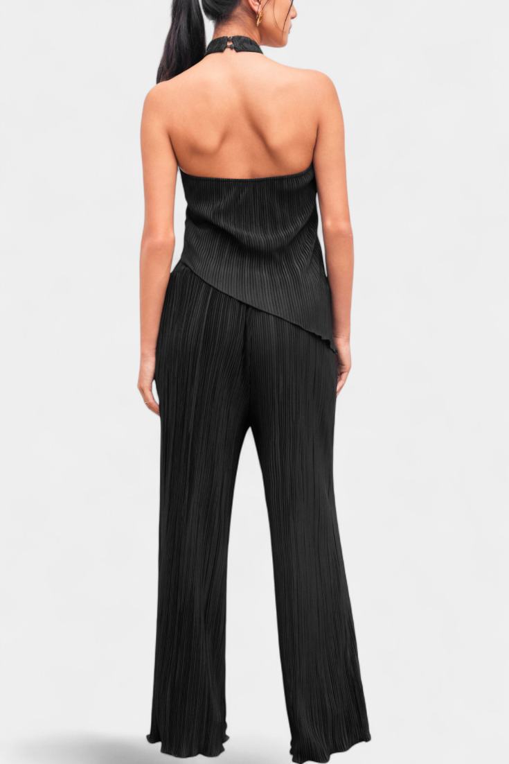 Pilarica Ensemble Top Halter Asymétrique et Pantalon à Jambes Larges