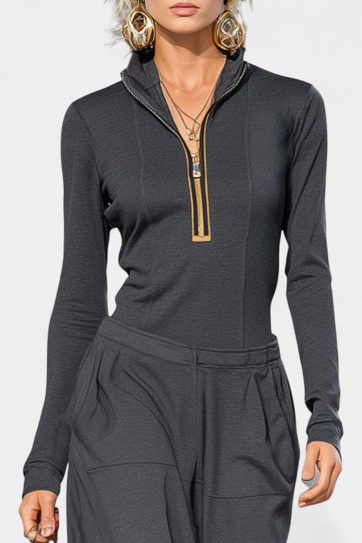 Azélina Ensemble Gris Foncé à Col Montant et Pantalons Amples