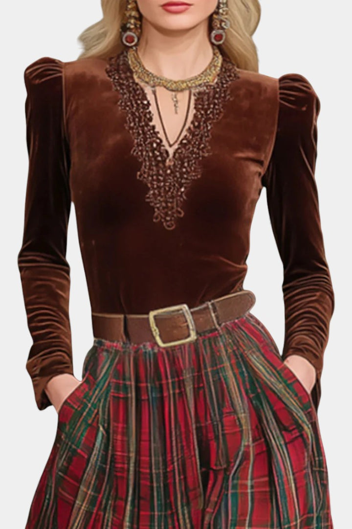Shana Ensemble Dentelle & Jupe à Carreaux Rouges avec Ceinture