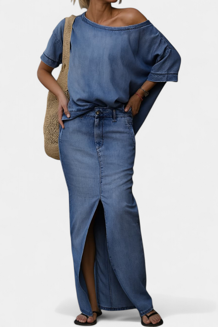 Apolonia Ensemble Asymétrique en Denim Structuré et Jupe Longue