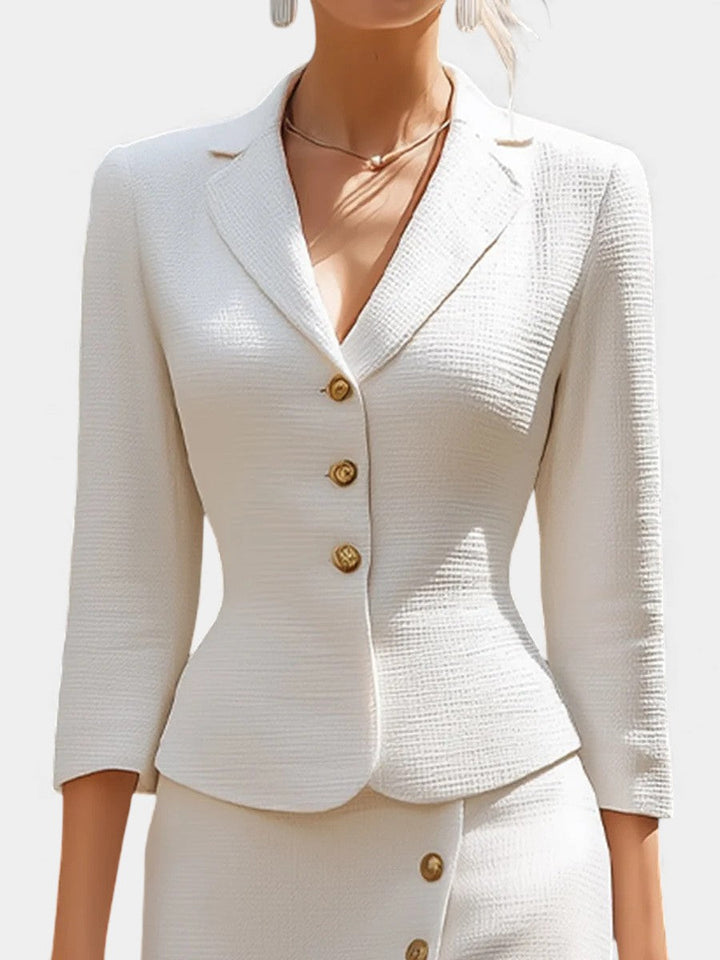 Natalina Ensemble Tailleur Écru Élégant à Jupe Longue Croisée
