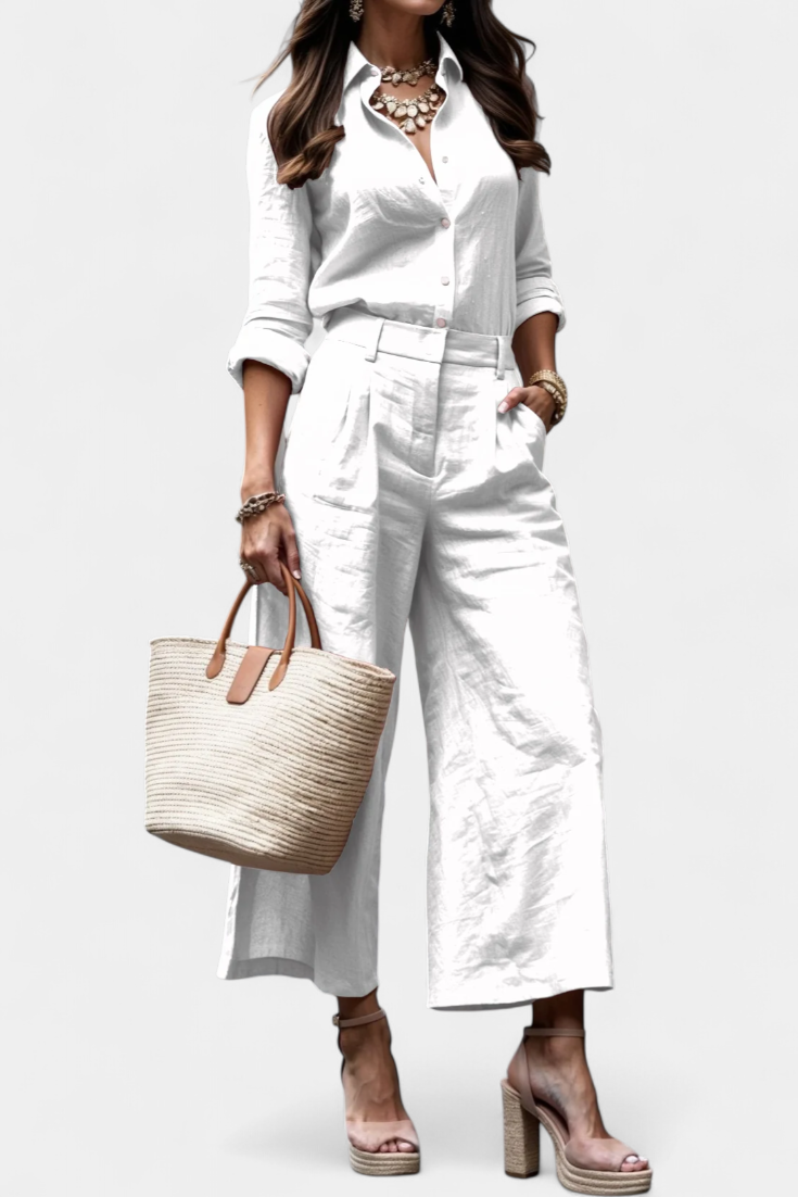 Sabina Ensemble Décontracté à Chemise Fluide et Pantalon Capri